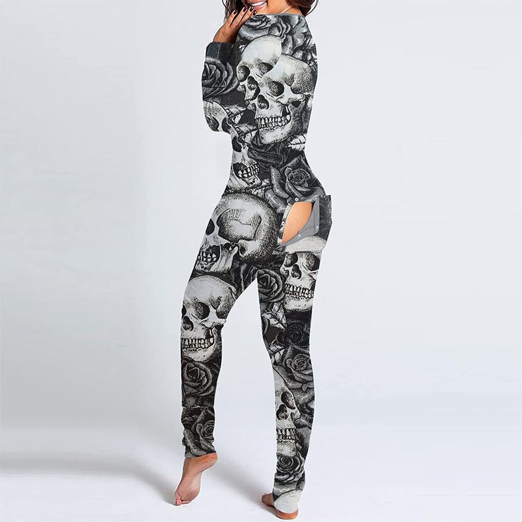 Women's Button-Down Halloween Print Functional Buttoned Flap Adults Jumpsuit