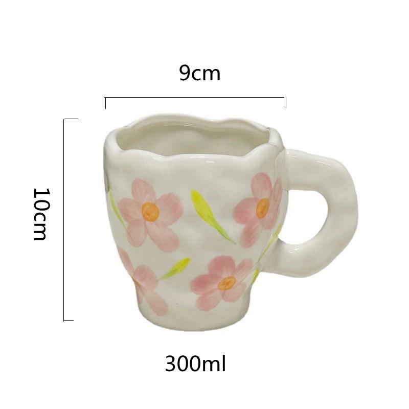 

Nordic Handpainted Flower Ceramic Coffee Cup Irregular Mug With Saucer Breakfast Oatmeal Milk Tea Handle Cup Gift Microwave Safe 300ml