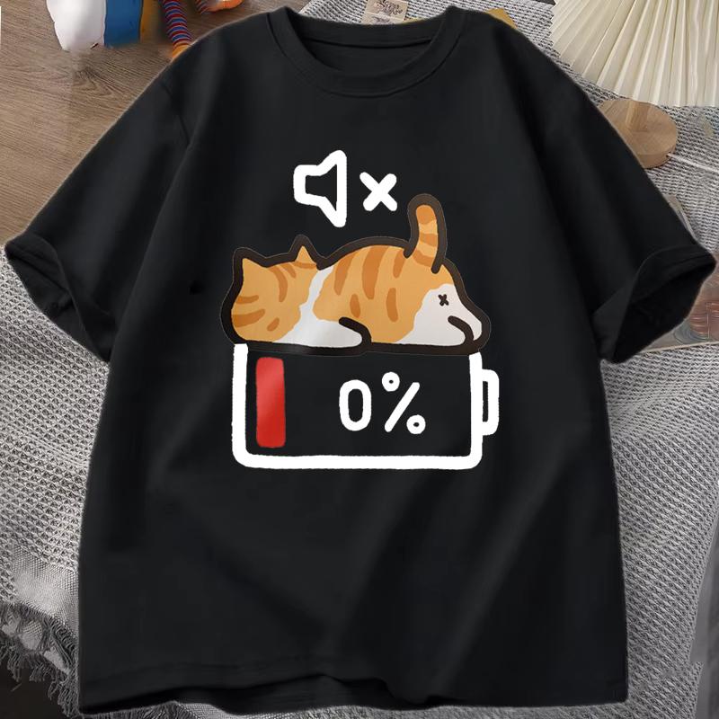 Retro Style Cat Printing Loose Short Sleeves T-shirt Woman Men Summer Round Neck Tops