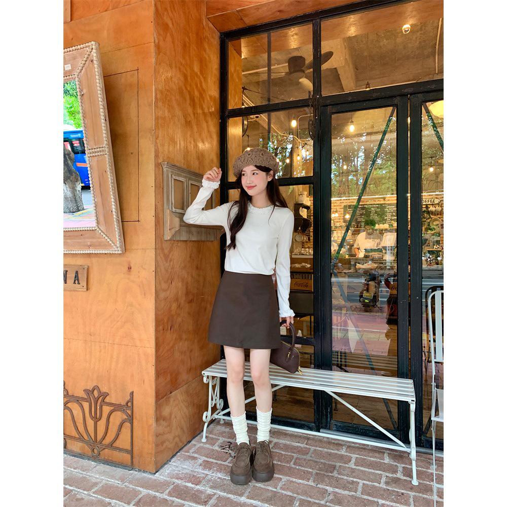 De Róng Women's Korean Style Knit T-Shirt - Autumn Lace Round Neck Slim Fit Base Layer