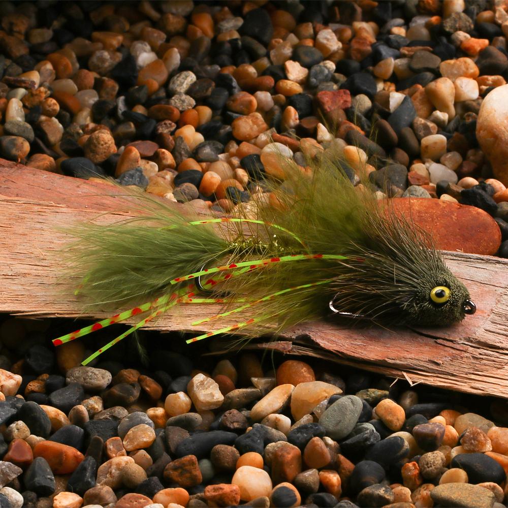 Artikulovaný streamerový muška s jelení srstí Bass Bug & Design s dvojháčkem Fish Spine pro velkou zvěř ve slané vodě, Efektivní rybářská nástraha