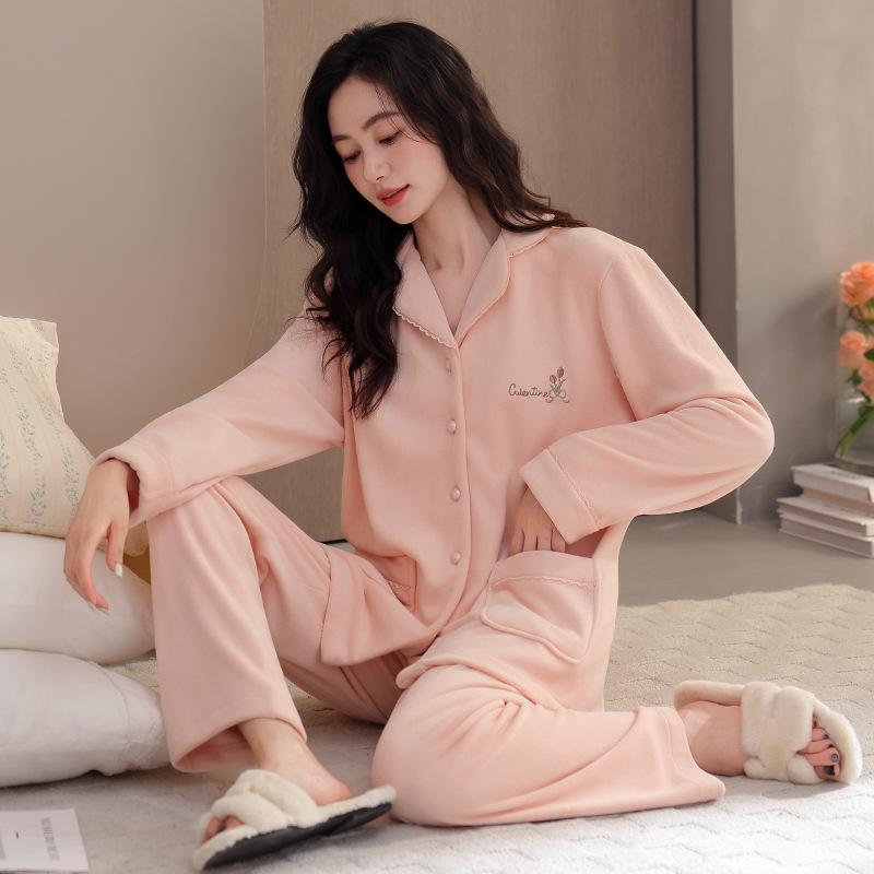 Island Fleece Pajamas Women'S Autumn And Winter Thickened Warm Long-Sleeved Coral Fleece Suit Spring And Autumn Thin Fleece Flannel Loungewear