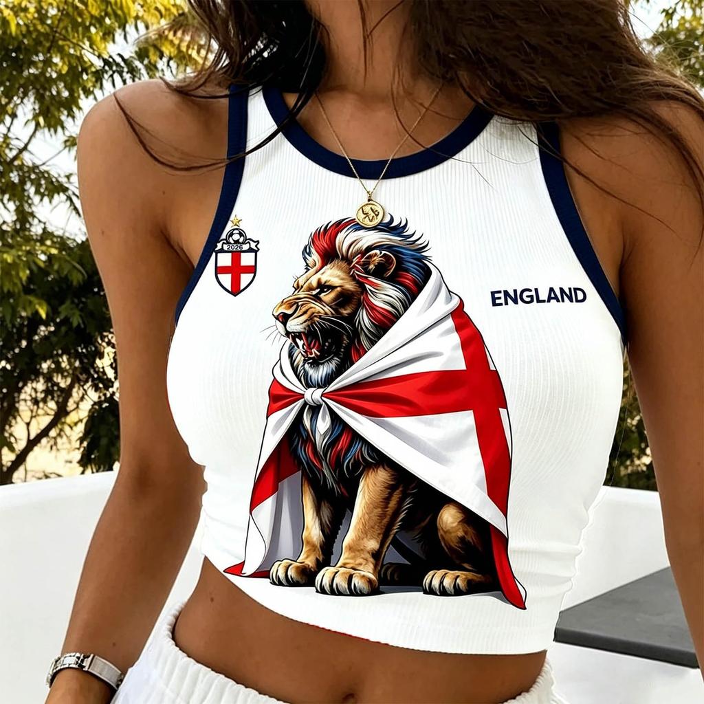 Dames mouwloze crop top Engeland Voetbalstijl Geribbelde tanktop Rugloze design Casual atletische pasvorm Zomerkleding