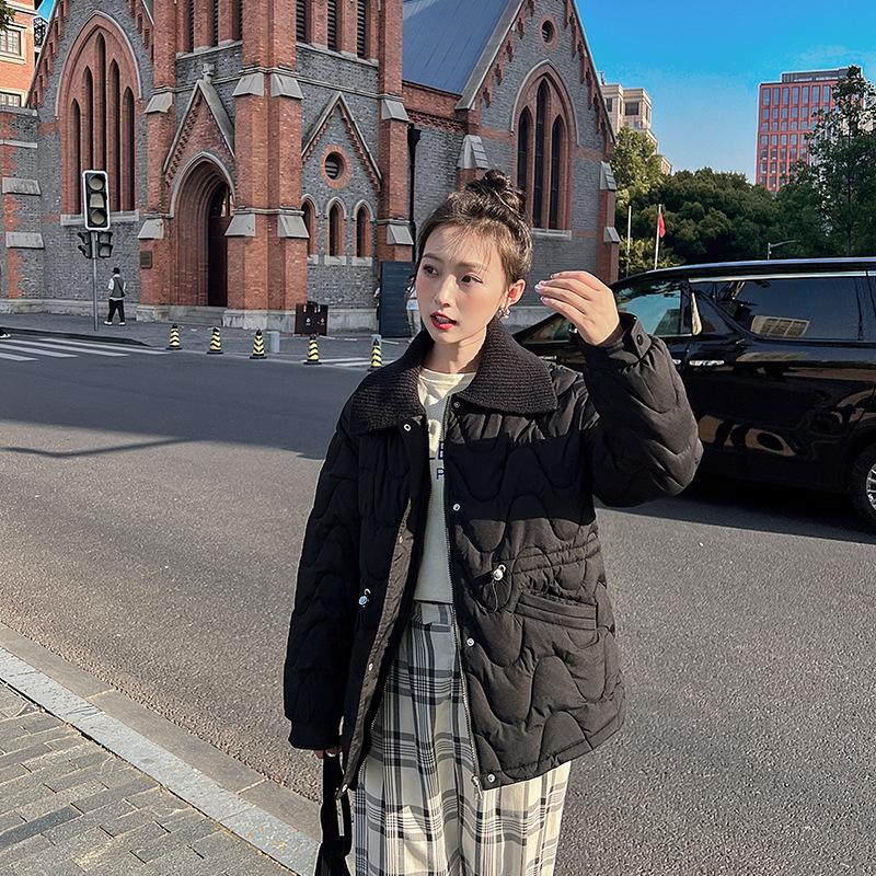 

Вязаная комбинированная хлопковая куртка с большим лацканом Зима 2025 новая свободная талия стеганая куртка утолщенная теплая хлопковая куртка M чёрный