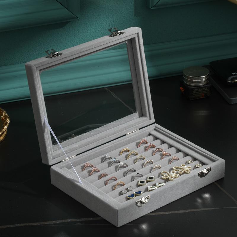 Ring Organizer Tray 7 Slots Velvet Jewelry Earring Storage Box with Clear Lid Jewelry Display Case for Girls Wife Mom Women