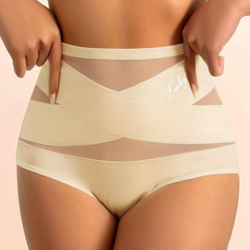 Women's Simple Solid Color High-Waist Breathable Mesh Triangle Panties with Crisscross Texture Design, Tummy Control, Butt Lifting, Seamless Shaping