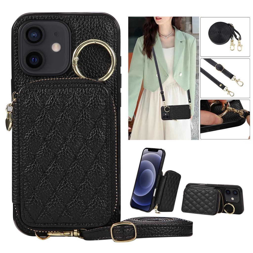 For iPhone 7/8 Plus/XR/Xsmax/11 Pro/12 Mini Fashion Zipper Style Phone Case Wallet Cover with Strap
