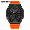 SANDA 6306 Modische Herren-Elektronikuhr Dual-Anzeige Multifunktional Nachtlicht Wecker Wasserdicht Coole Unisex-Uhr