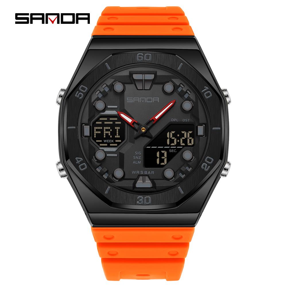 SANDA 6306 Modische Herren-Elektronikuhr Dual-Anzeige Multifunktional Nachtlicht Wecker Wasserdicht Coole Unisex-Uhr