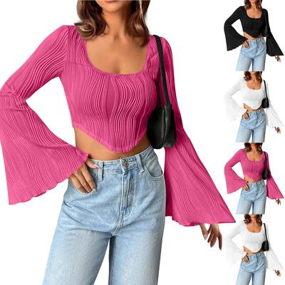 Women's U Neck Solid Color Crop Slimming Fashion Flared Long Sleeve Top Sexy Short T-shirt Top