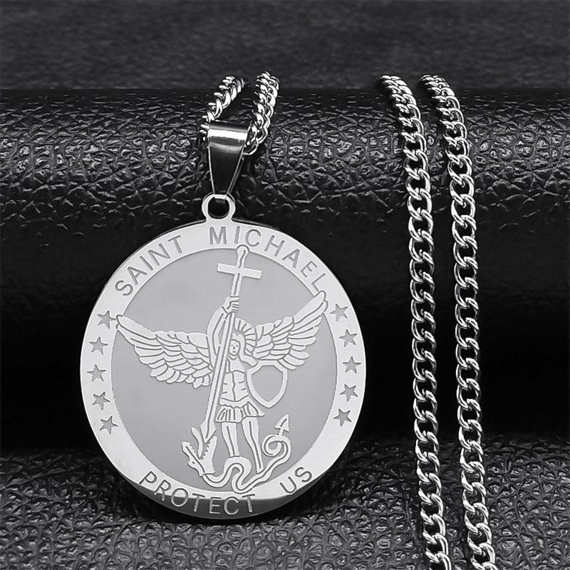 Collana Pendente San Michele Proteggici per Donne Uomini Acciaio Inossidabile Arco Tondo Arcangelo Collane Lunghe Gioielli Hip Hop N2350S05