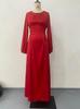 2024 Spring European & American Lace-Up Waist Puff Sleeve Long Dress