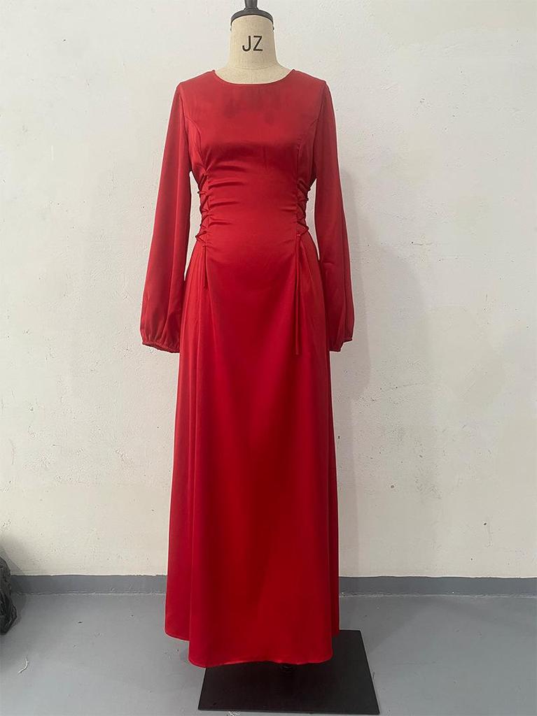 2024 Spring European & American Lace-Up Waist Puff Sleeve Long Dress