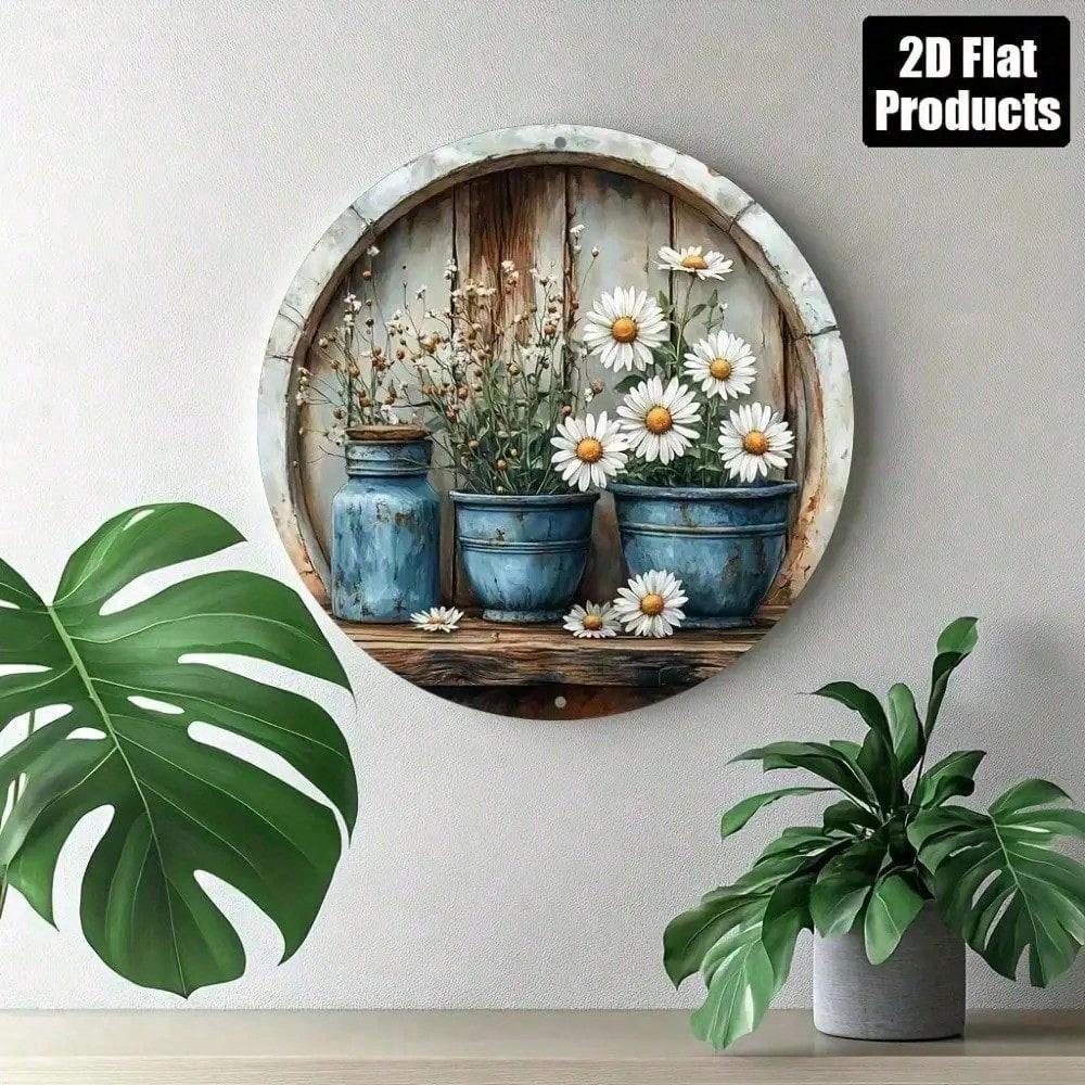 

Vintage Blue Daisy Metal Wall Art Round Aluminum Sign Farmhouse Decor for Living Room Bedroom разноцветный