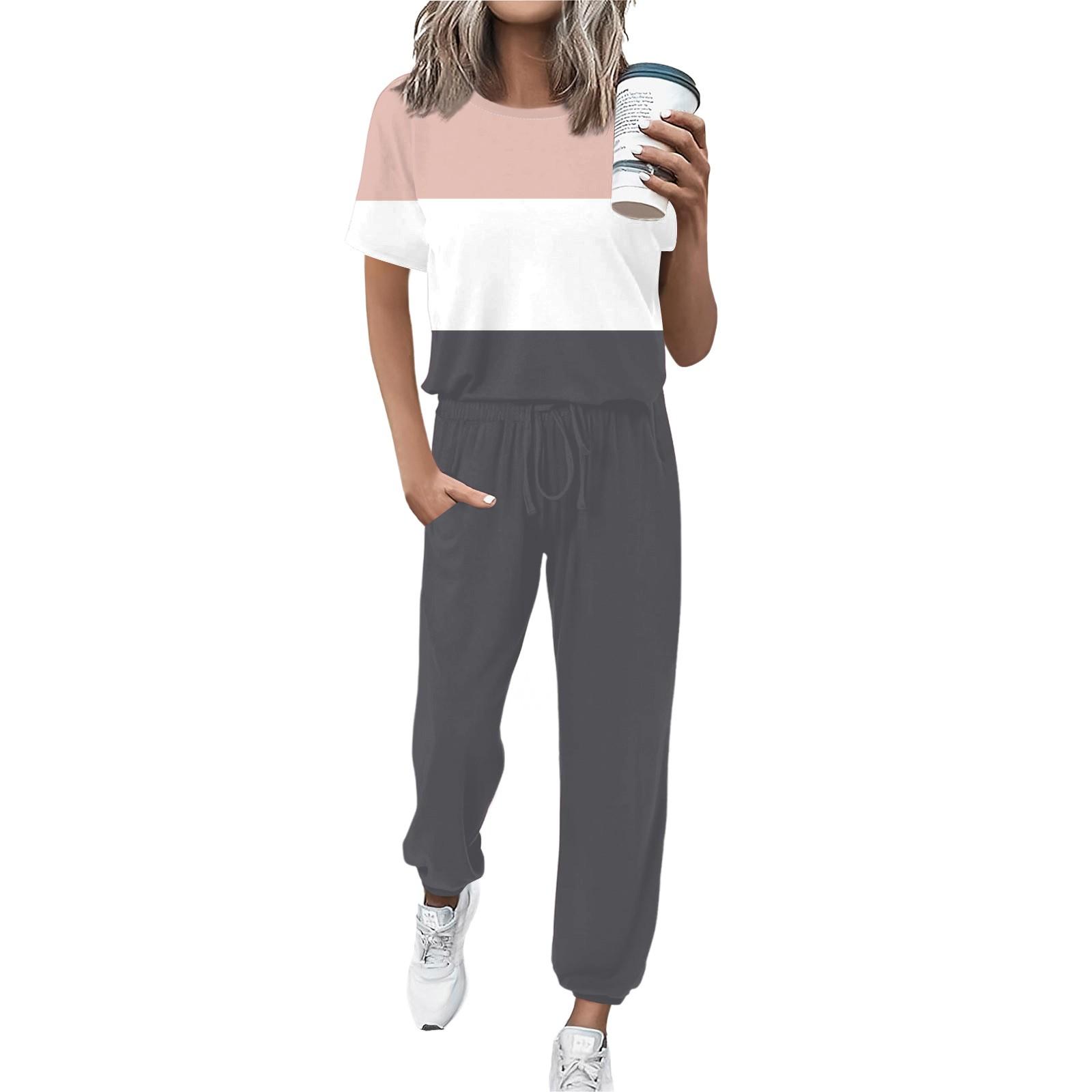 

Жіночий модний спортивний костюм з круглим вирізом і короткими рукавами з широкими брюками M