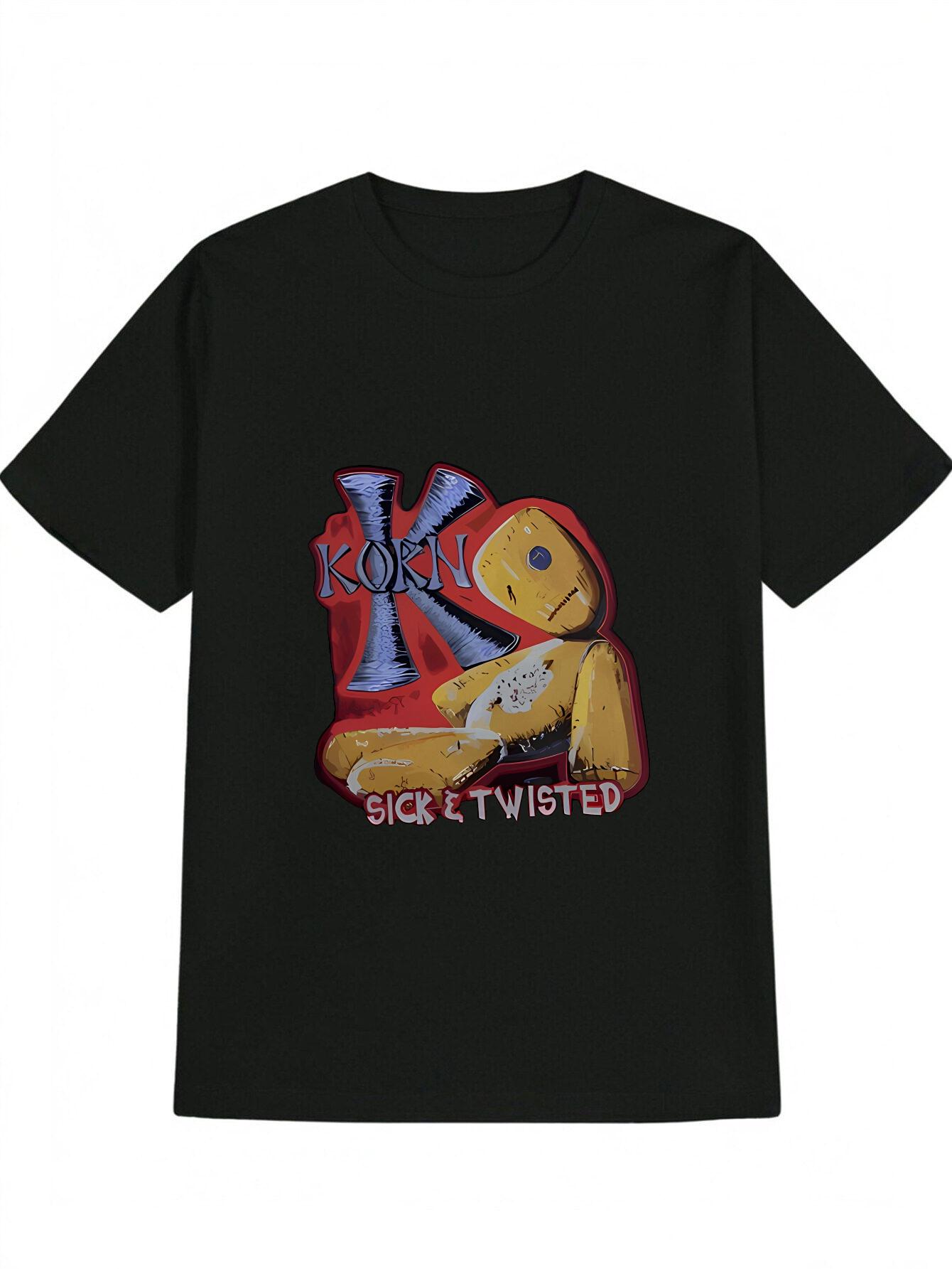 

Casual Short Sleeve T-shirt - Black with Blue Wooden Doll & KON SICK TWISTED Graphic Print XXXL