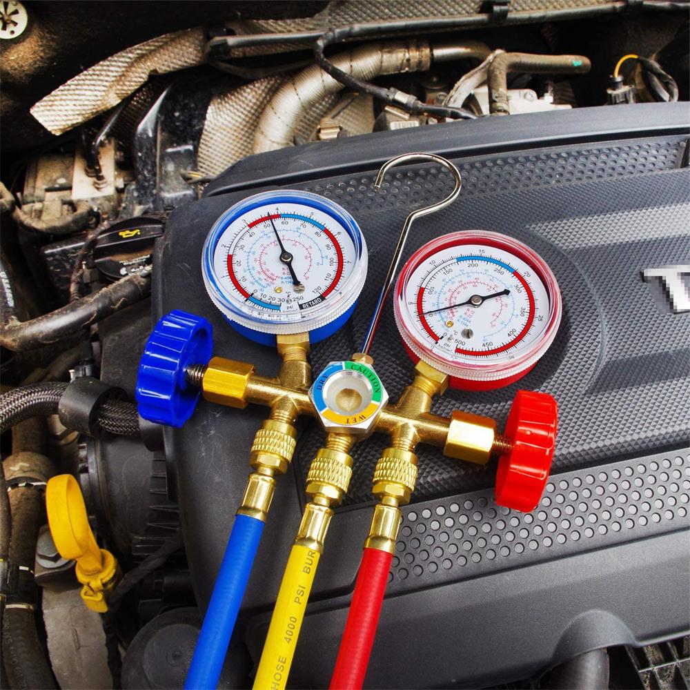 Manifold Gauge Set HVAC A/C Refrigeration Charging Service with Hoses Adjustable Couplers Adapter Can Tap For R32 410 22 134A