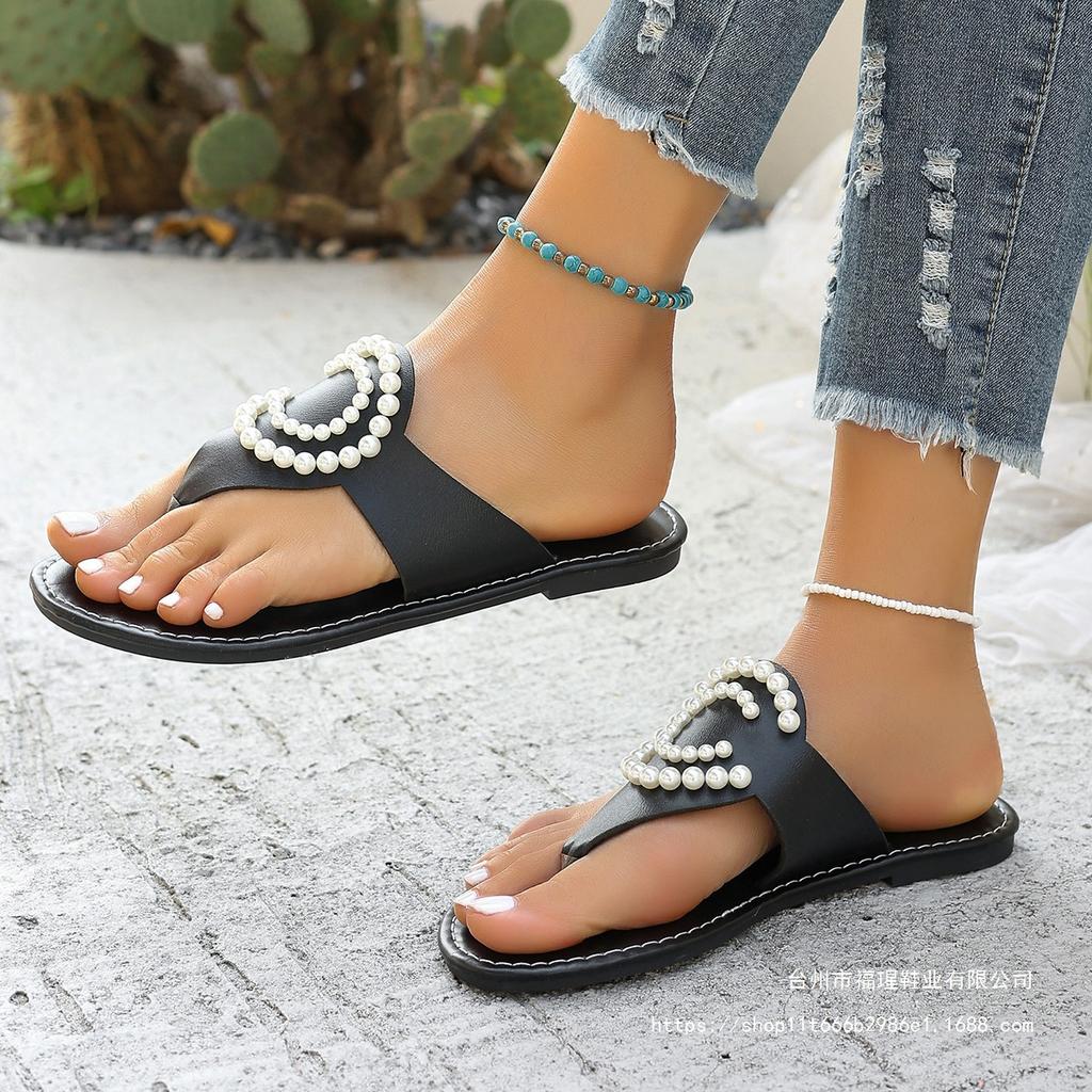 2025 New Fashion Casual Large Size Pearl Toe Solid Color Flat Casual Slippers Fashion Beach Women's Shoes