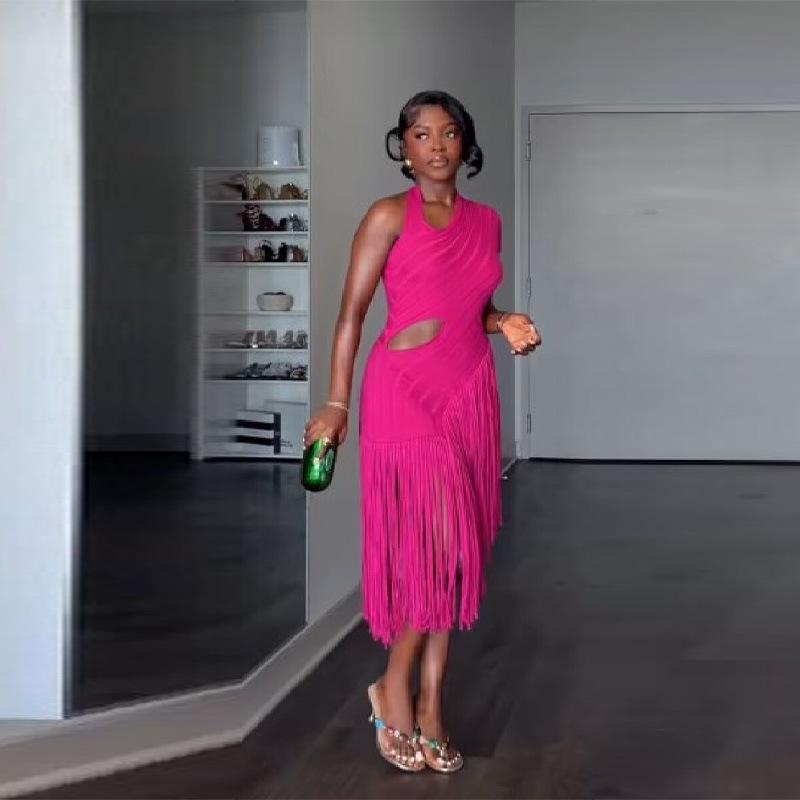 Asymmetrical Tassel Hem Knit Solid Sleeveless Dress - Summer 2026 Collection Small