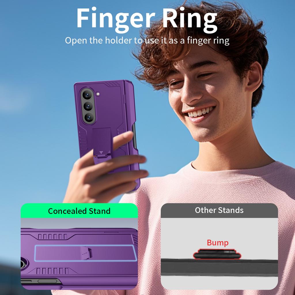 For Samsung Galaxy Z Fold 6 Phone Case With S Pen Holder, Hidden Stand, Screen Protector, Sturdy Shockproof Protective Case-Purple