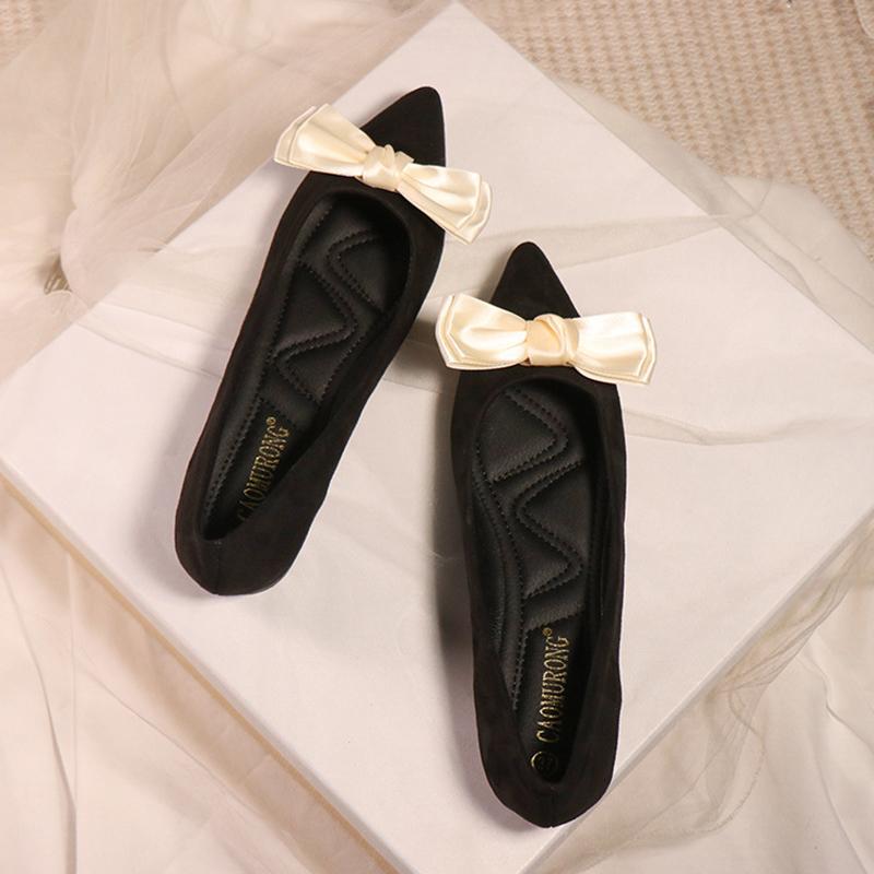 Fashion elegant ladies bowknot silk wedding shoes woman suede leather ballet flats pointy slip on loafers women bow moccasins big size43