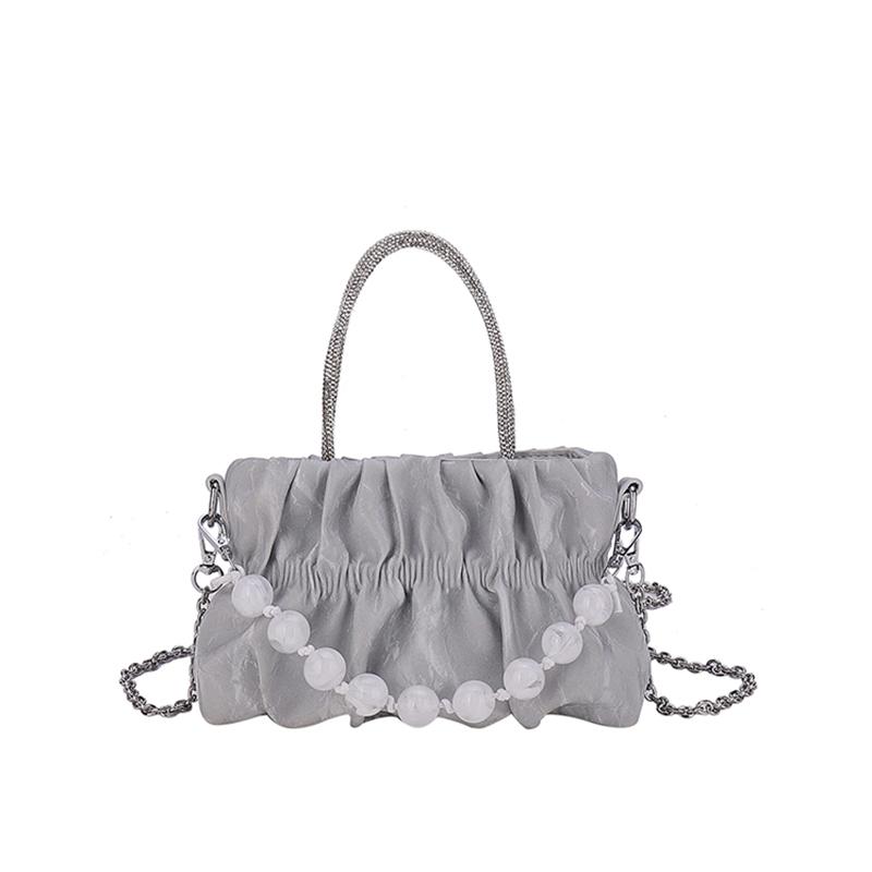 

Fashion Women Ruched Satin Clutch Mini Pearl Chain Crossbody Bag Elegant Rhinestone Handle Small Shoulder Purse for Evening Party Wedding сірий