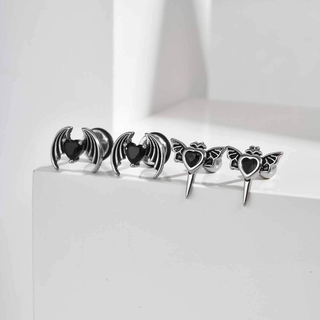 Vnox Heart-Shaped Zircon Stone Wing Earrings for Men Boys, Wing Shaped Screw Back Stud Earrings, Stainless Steel Jewelry Gifts