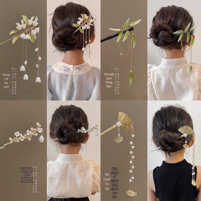 Children's White Magnolia Hanfu Hairpin with Tassel - Traditional Style Accessory for Girls