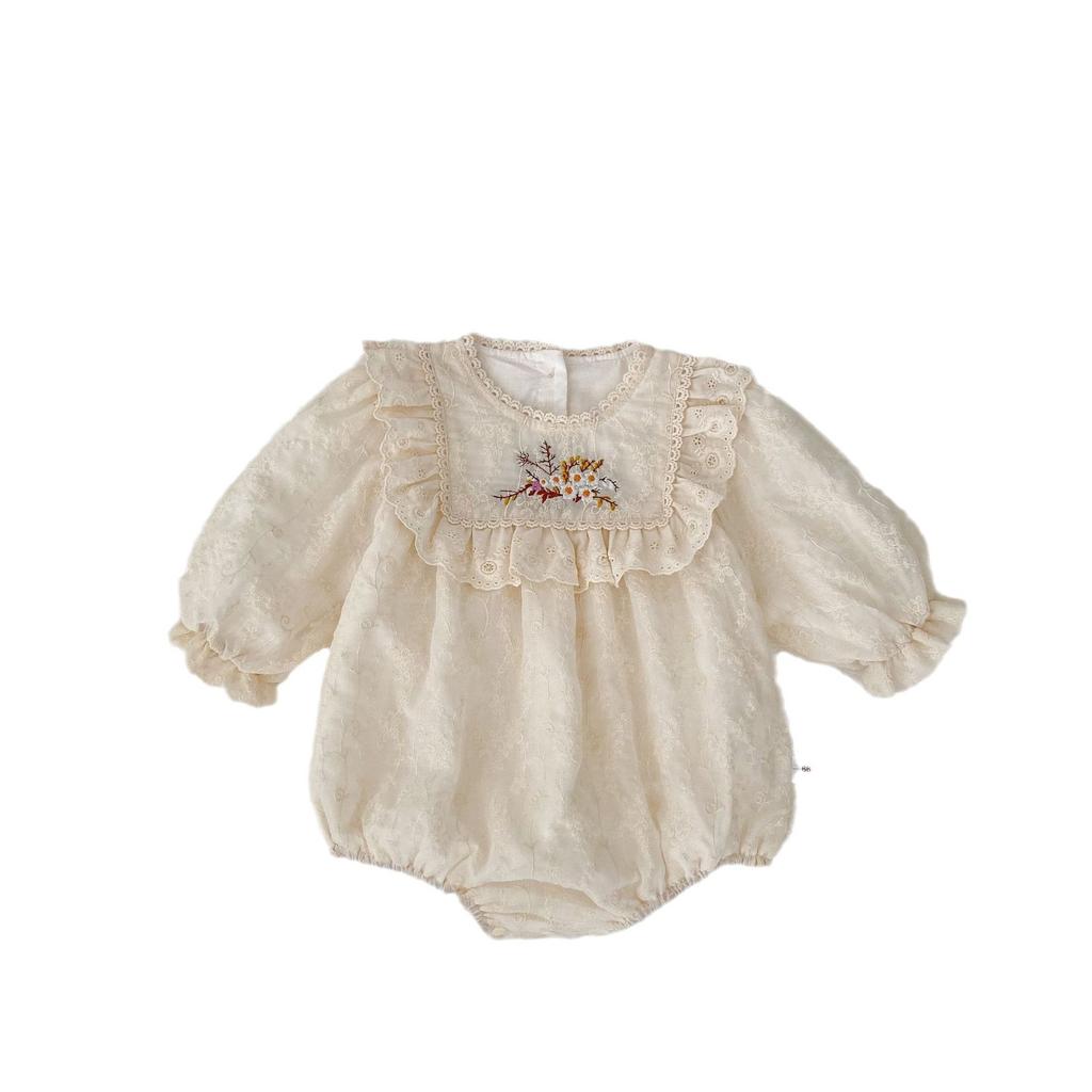 Spring Baby Girl Long Sleeve Floral Embroidered Romper for 100 Days Celebration