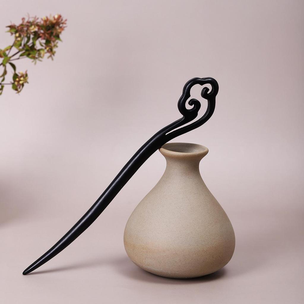 Vintage Ebony Wood Hairpin: Auspicious Clouds Design for Elegant Updos