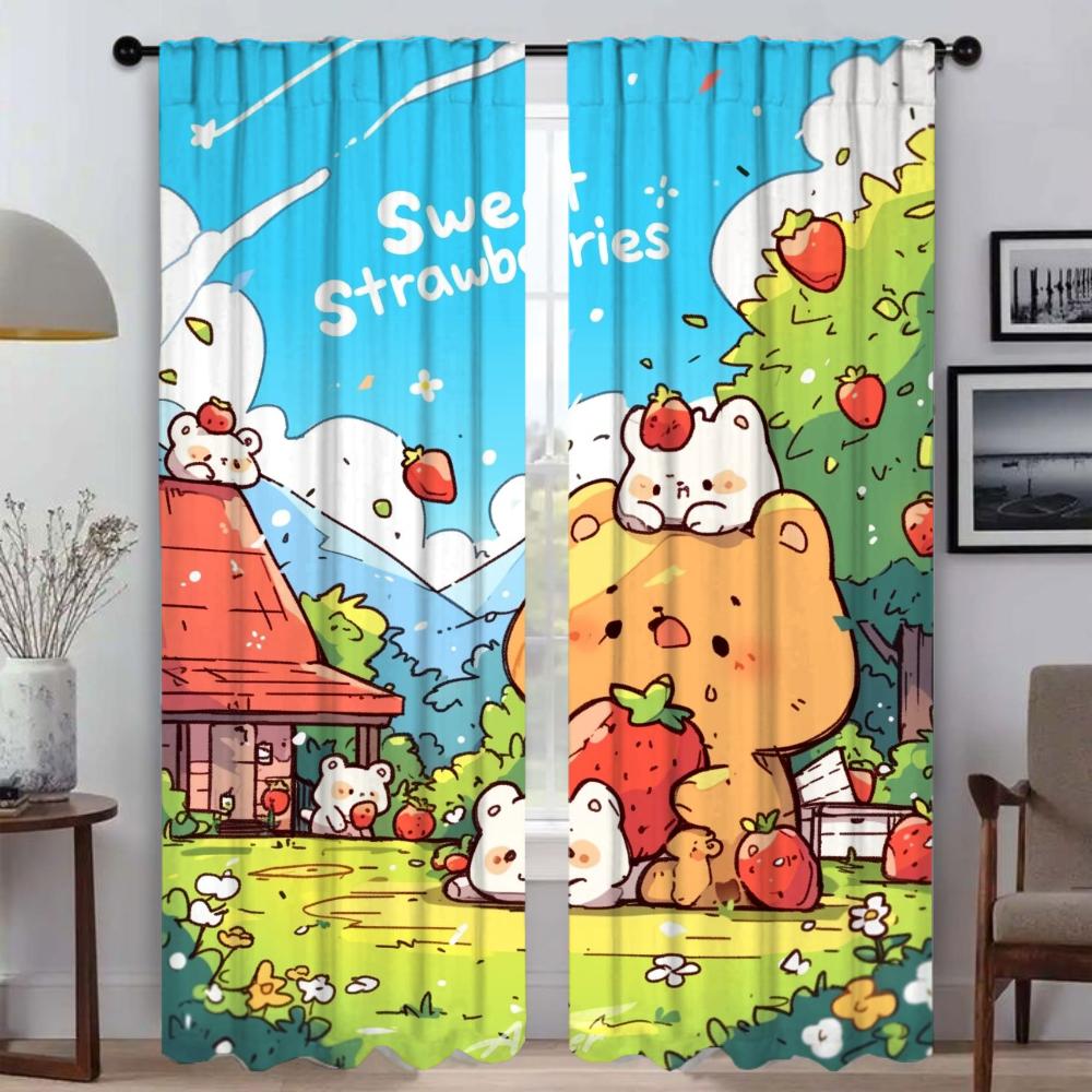 Cartoon Strawberry Garden Curtains Child Room Window Curtain for Room 2 Panel Halloween Decoration Tulle for Bedroom Shades Home