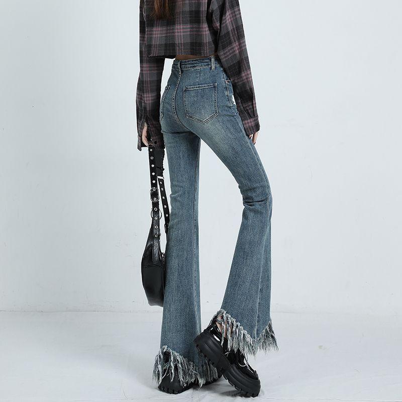 Retro Fashion Autumn Winner Flare Jeans Women Distressed Edge Tassel Pockets Zipper Elastic High Waist Slim Full Length Pants