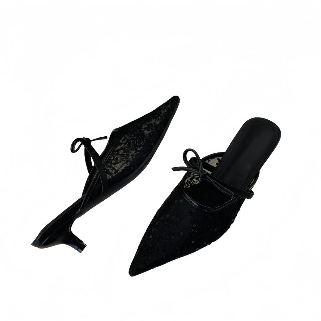 Hongkong Spitze spitze Zehenpartie dünner Absatz Schleife High Heels Damen Frühling und Sommer neue Mode Taschenkopf Halbschuhe