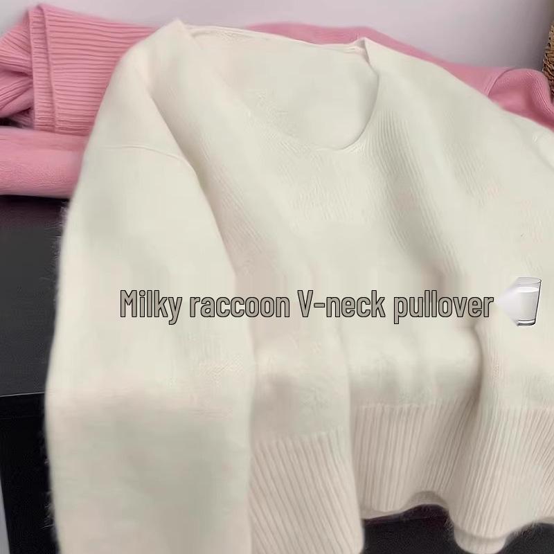 Women's Korean V-Neck Blue Knitted Sweater - Soft, Loose-Fit Autumn/Winter Pullover.