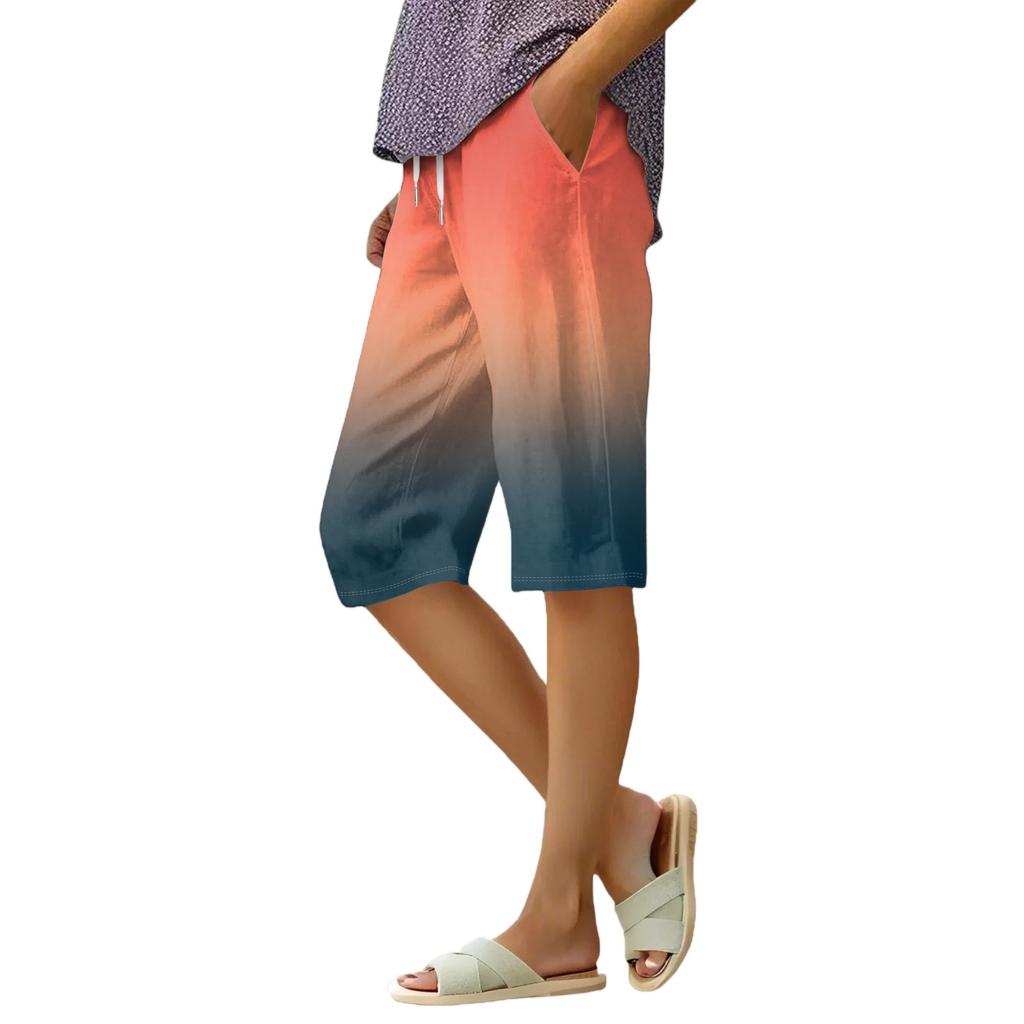 Women's Summer Elasticated Tie Waist Gradient Colour Cotton Linen Loose Shorts