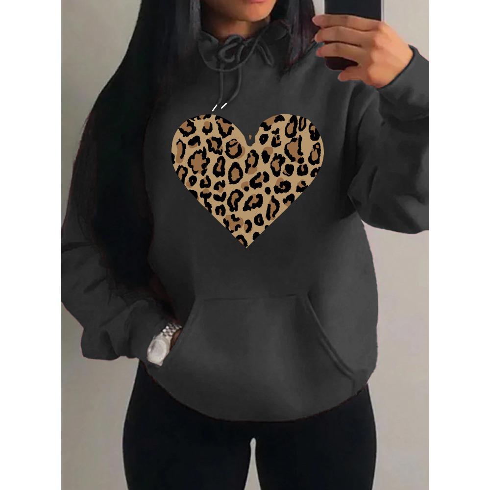Simple Leopard Print Heart Design Hoody Women Oversize Fleece Hoodies Autumn Hip Hop Sportswear Fashion Clothing