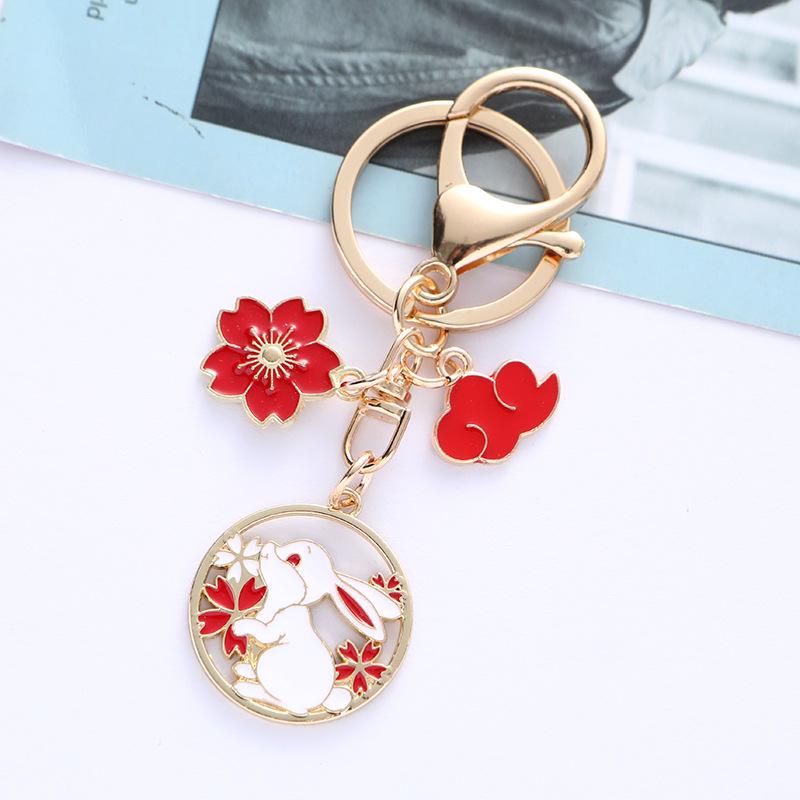 Japanese Cherry Blossom Rabbit Keychain with Bow Tie & Flower Wreath - Cute Bag or Car Decoration