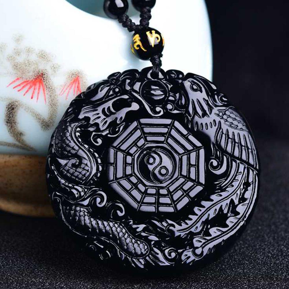 Naturel Noir Obsidian Dragon chinois tortue Lucky Pendentif Perles Collier