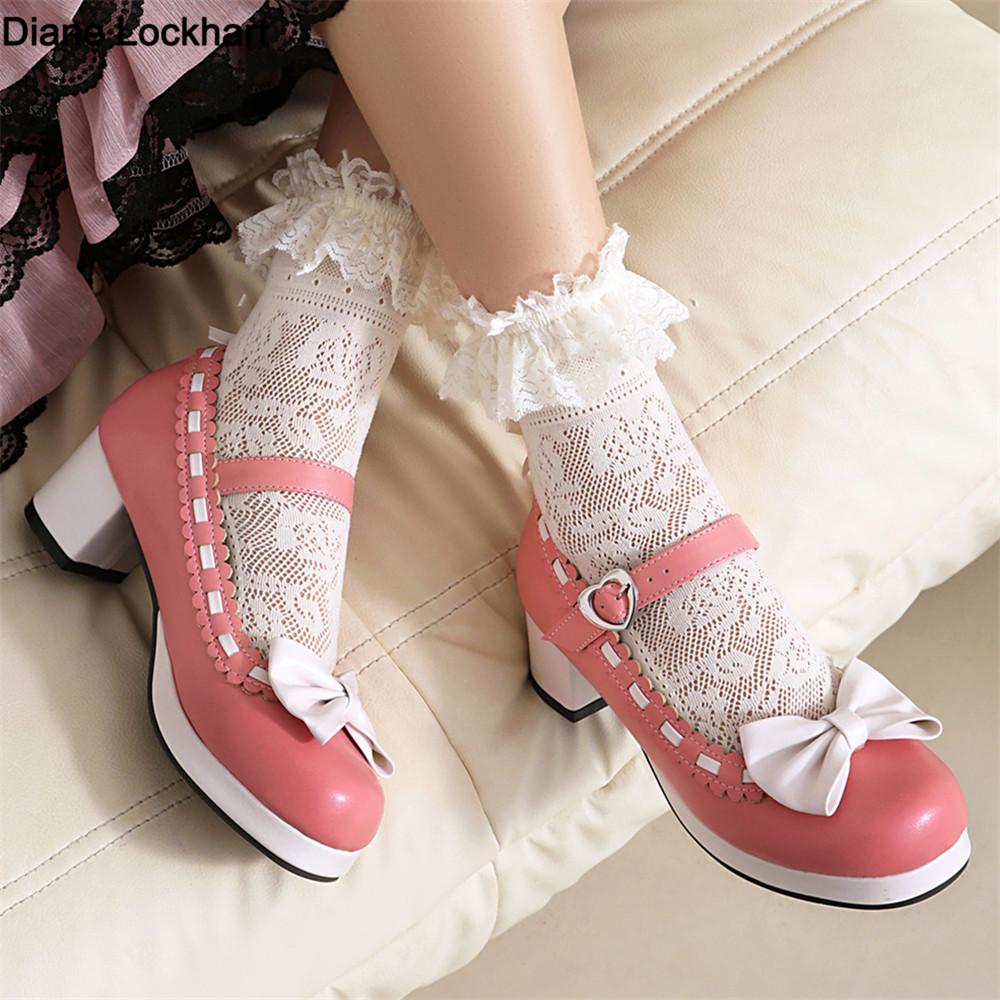 Fashion Girls Sweet Med Heel Ruffles Lolita Shoes Cute Bow Mary Jane Pumps Bride Wedding Cosplay Party Red Pink Black Green Size 34-48