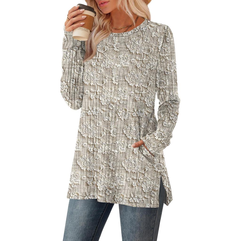 Womens Sweaters Crewneck Long Sleeve Shirts With Pockets Fall Outfits  Fashion Winter Clothing Side Slit