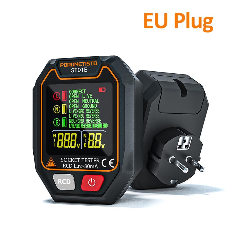 POROMETISTO ST01 Digital Socket Tester with Color Screen UK/EU/US Circuit Checker RCD Socket Detector Data Hold Polarity Tester