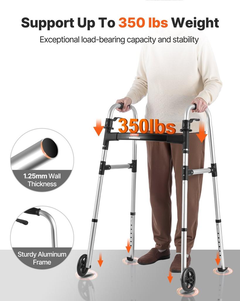 Folding Walker, 2-Button Foldable Walker with Solid Wheels & 8-Level Adjustable Height, 159KG Loading Lightweight Aluminum Mobility Walking Aid,