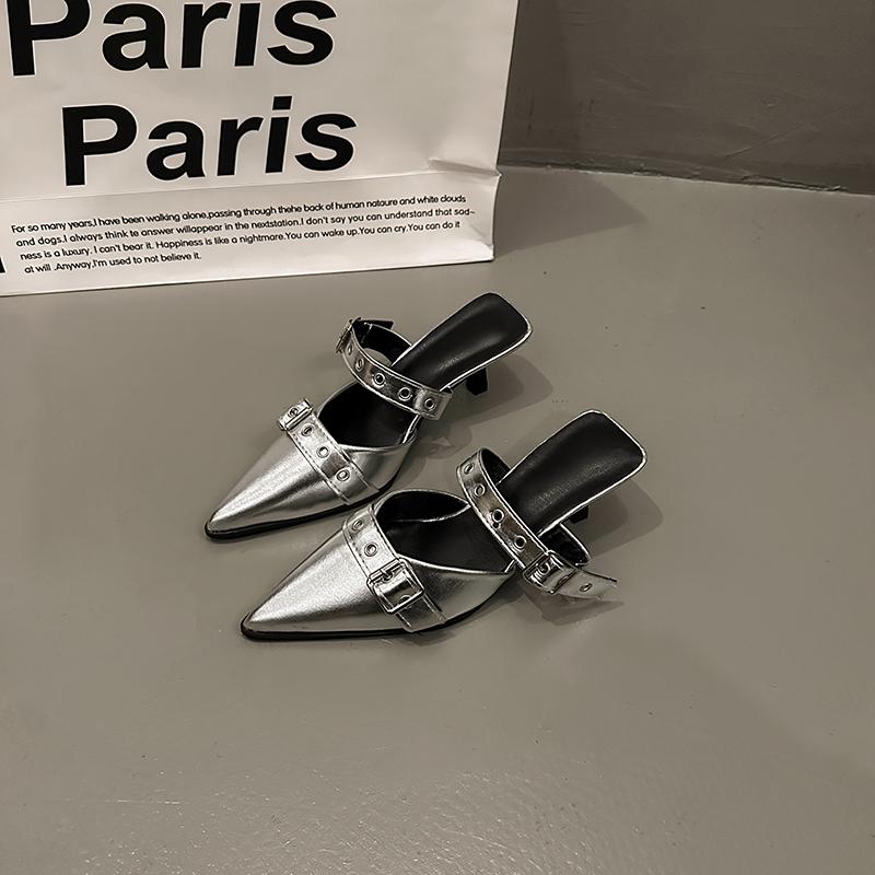 Fashion Punk Goth Metal Buckle High Heels Women's Sandals Summer 2024 Pointed Toe Silver Party Shoes Fashion Womens Pumps Shoes