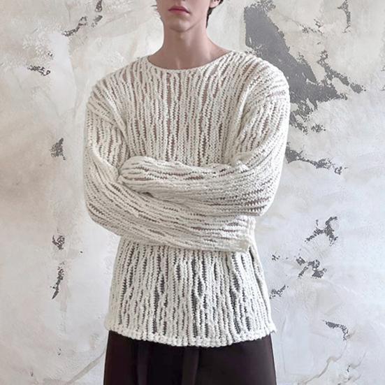 Men Sweater Round Neck Long Sleeve Hollow Out Sexy Perspective Pullover Tops Solid Color Knitting Tops Casual Work Street Wear
