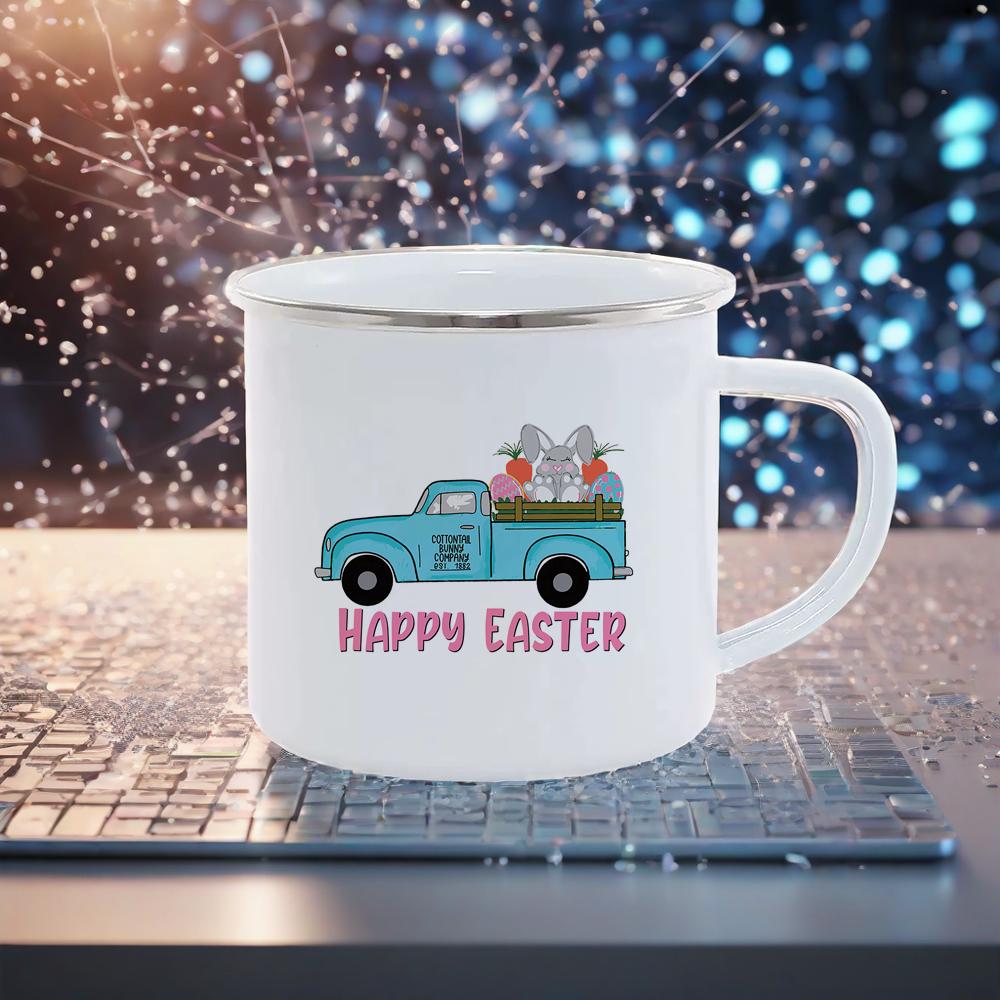 Happy Easter Themed Coffee Mugs Cute Coloful Juice Water Drinkware easy clean Mugs Novetly Rabbit Car Pattern Enamel Mug Safe