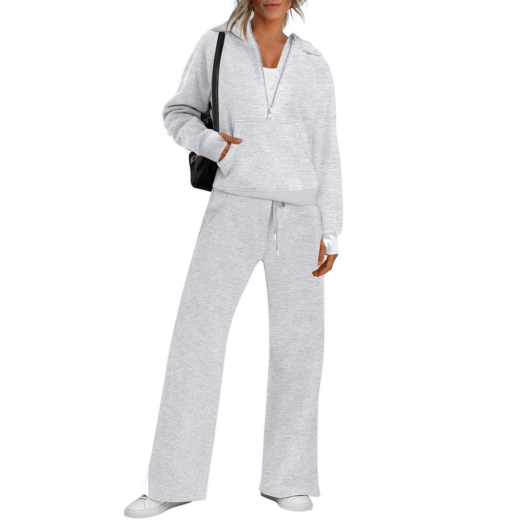 Women's Fashion Solid Color Long Sleeve Hooded Sweatshirt Top And Pants Casual Leisure Two Piece Set