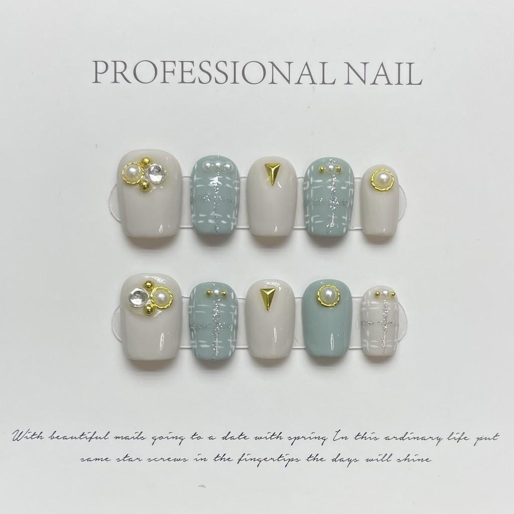 

100% РУЧНАЯ РАБОТА трапециевидной формы гроба искусственный дизайн ногтей нежно-серый жемчужно-голубой роскошные ногти для фототерапии многоразовые ногти S