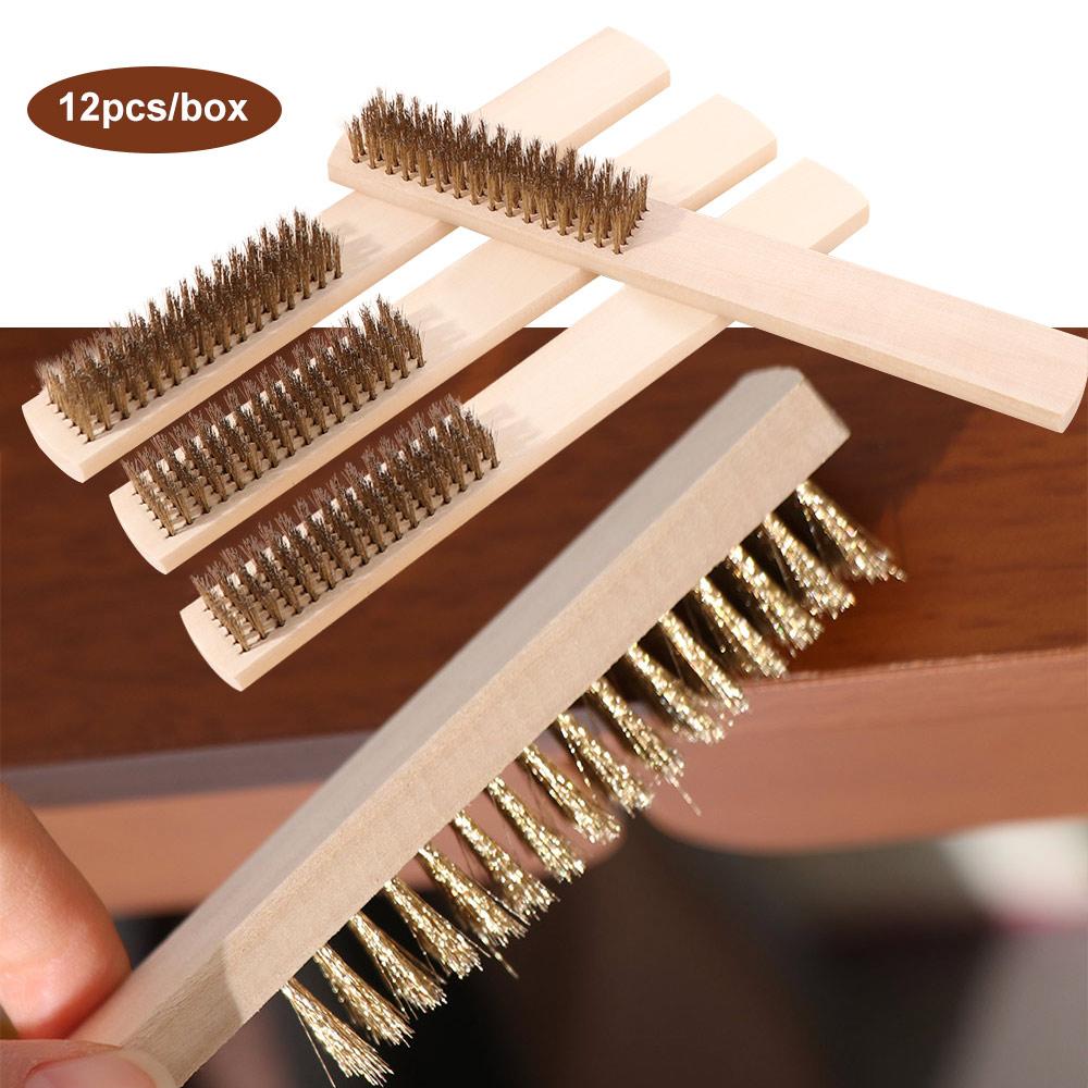 12pcs Wood Handle Wire Cleaning Brush Copper Wire Ergonomic Design Multi-Surface Cleaner Surface/Inner Paint Scrubbing