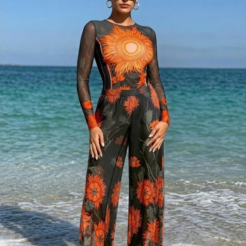 European and American New Long-sleeved Russian One-piece Swimsuit Women's Sunscreen Smart