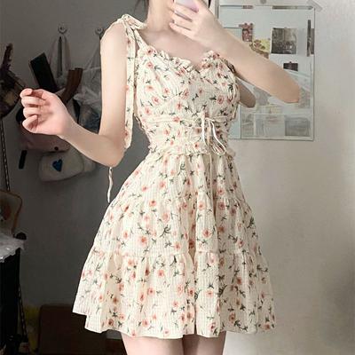 Robe d'été à bretelles florales pour femmes, coupe trapèze, style coréen, décontractée, courte